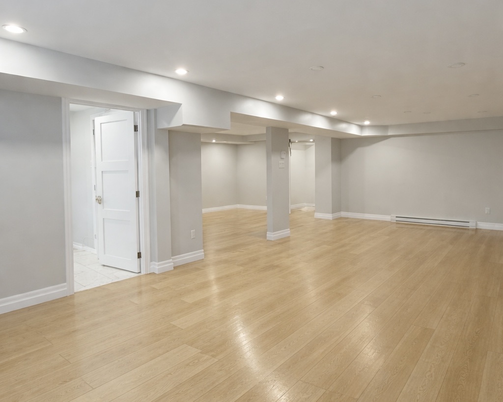 Finished basement in West Island Montreal with open layout, recessed lighting, light wood flooring and multiple support columns