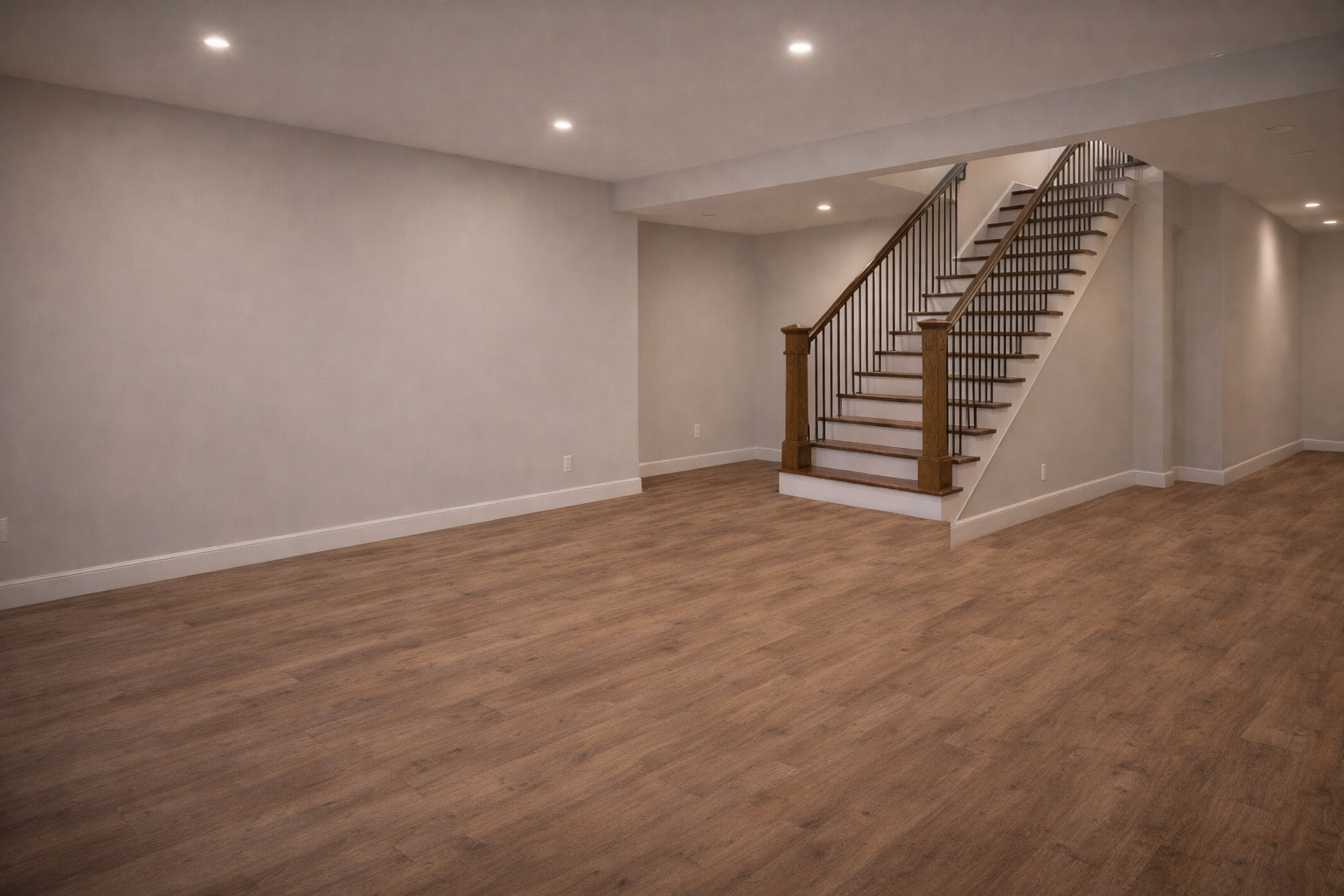 Finished basement with custom staircase and wood flooring in West Island Montreal