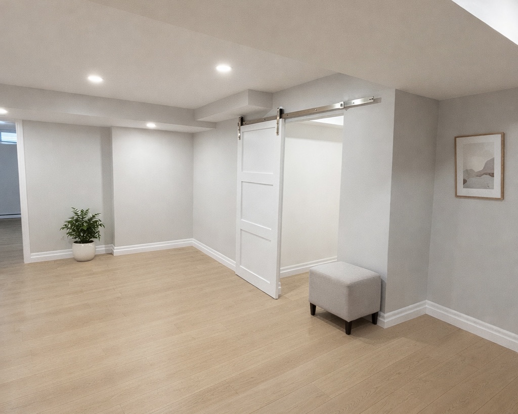 Finished basement renovation in West Island Montreal with sliding barn door, light wood flooring and bright open layout