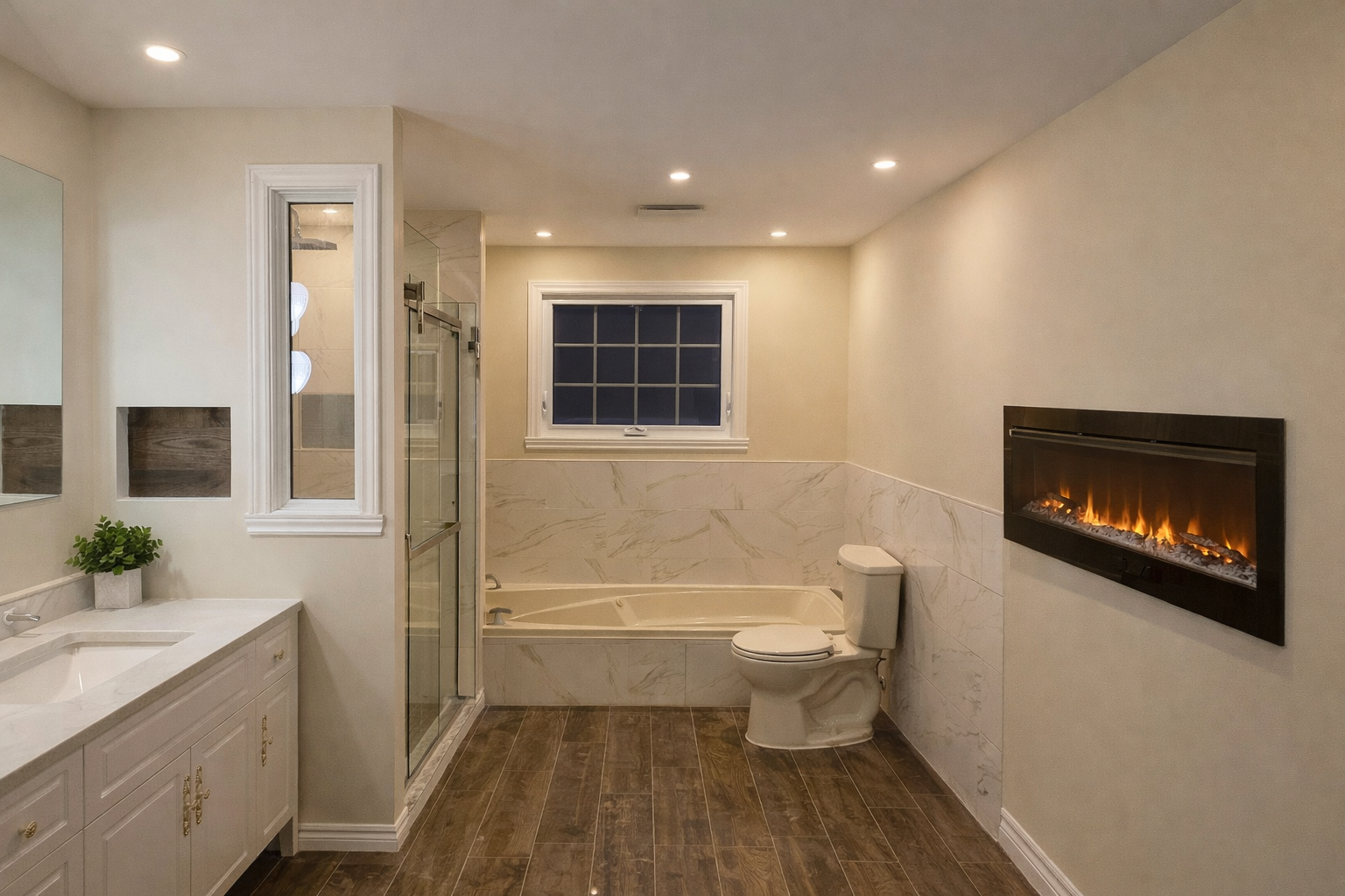 Bathroom with tub shower combo and wall fireplace in West Island Montreal