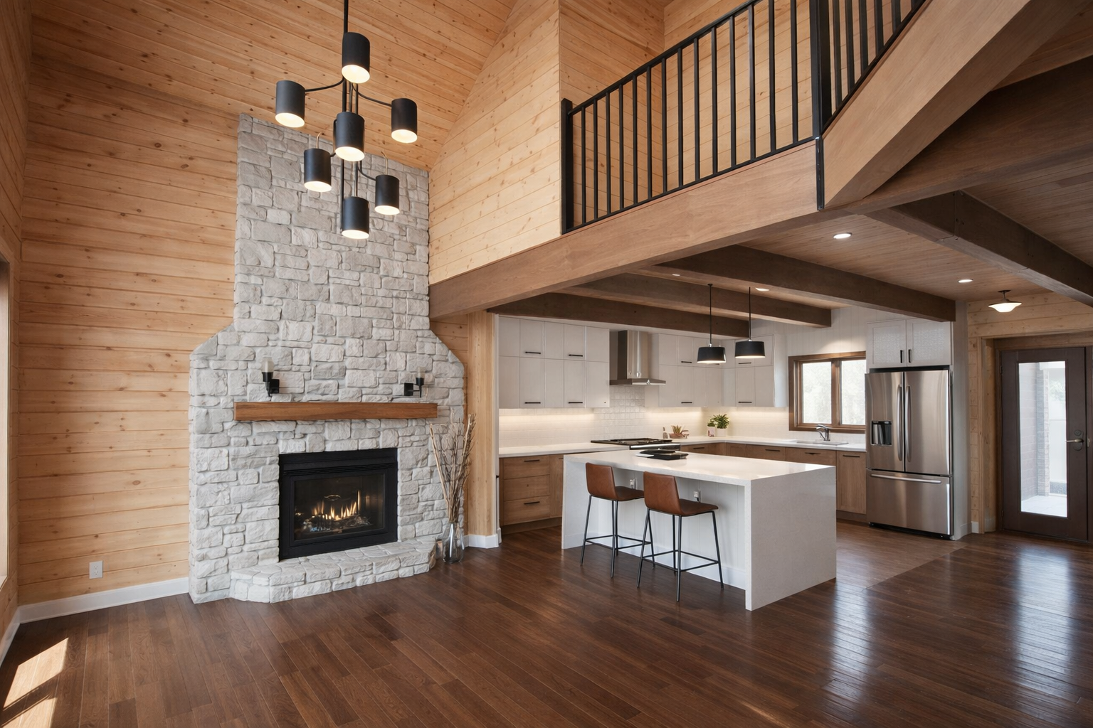 Chalet renovation in West Island Montreal featuring wood interior finishes, stone fireplace, open-concept kitchen with island and hardwood flooring, serving Dorval, Pointe-Claire, Pierrefonds, Kirkland, Beaconsfield, Dollard-Des-Ormeaux and Vaudreuil-Dorion