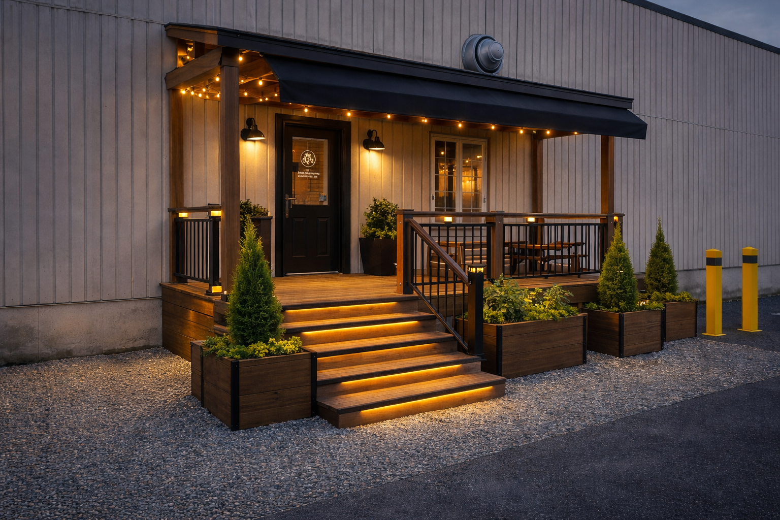 Commercial building entrance renovation in West Island Montreal featuring custom wood deck, stairs with integrated lighting, awning and exterior finishes