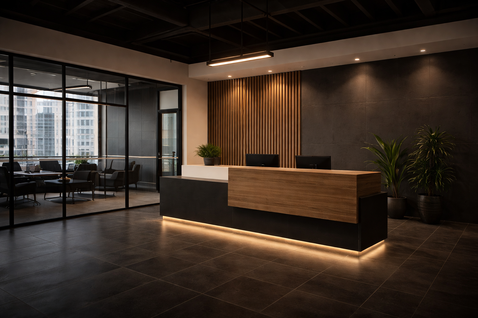 Modern commercial office reception renovation in West Island Montreal featuring custom wood reception desk, glass offices, black ceiling, and high-end interior finishes