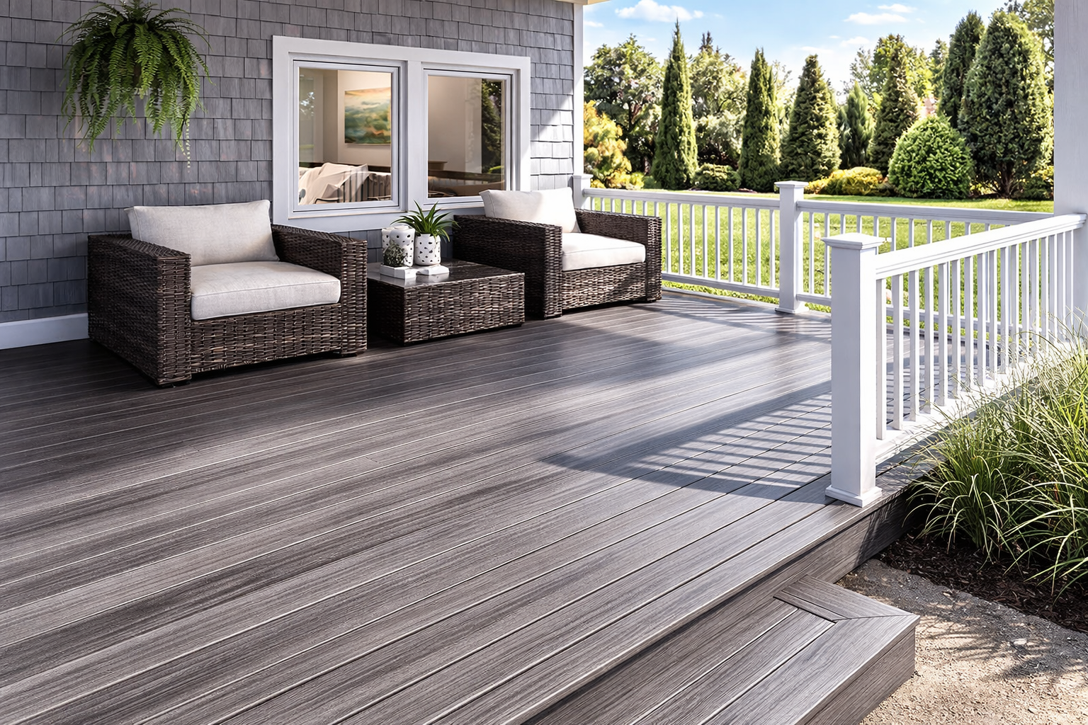 Composite deck construction in West Island Montreal with custom railings and outdoor seating area