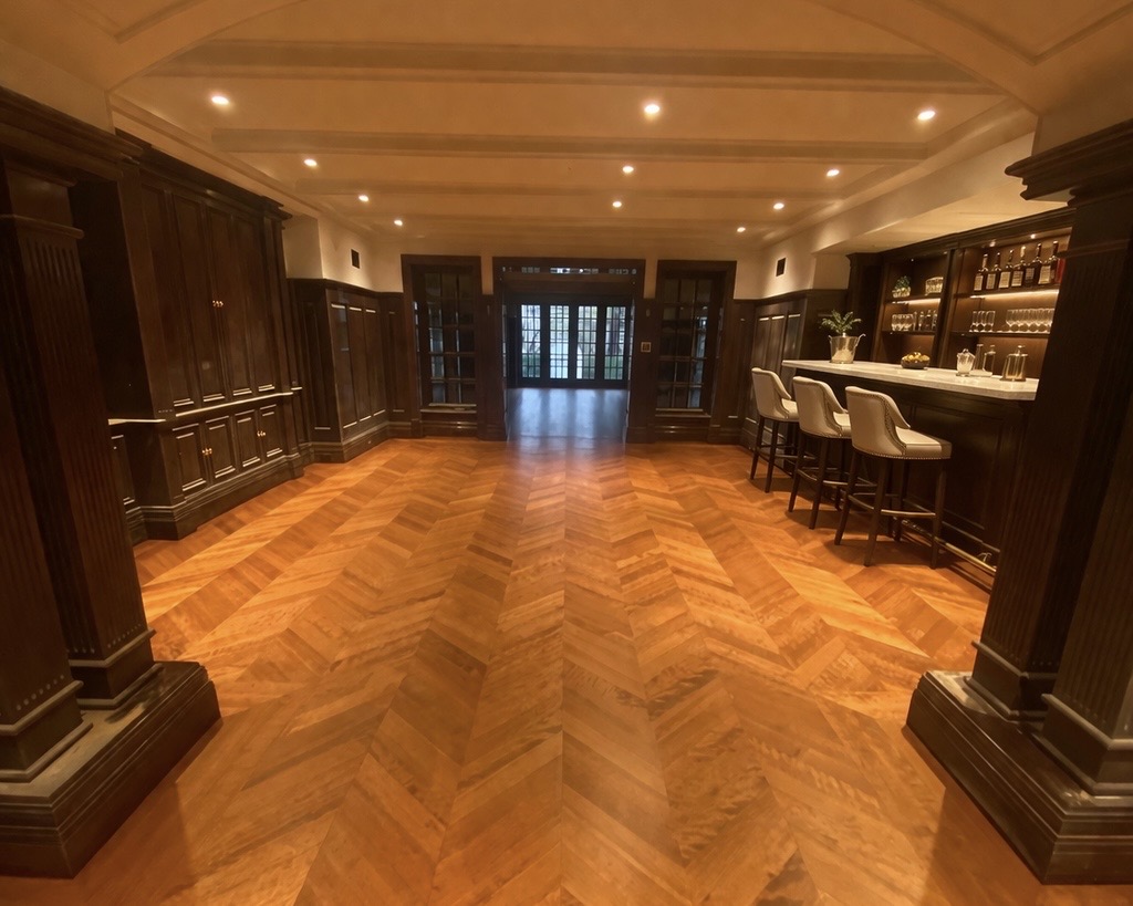 High-end basement renovation in West Island Montreal with custom herringbone wood flooring, built-in cabinetry and luxury bar area