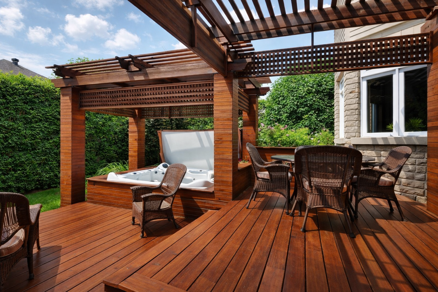 Custom cedar deck with pergola and built-in spa jacuzzi in West Island Montreal backyard