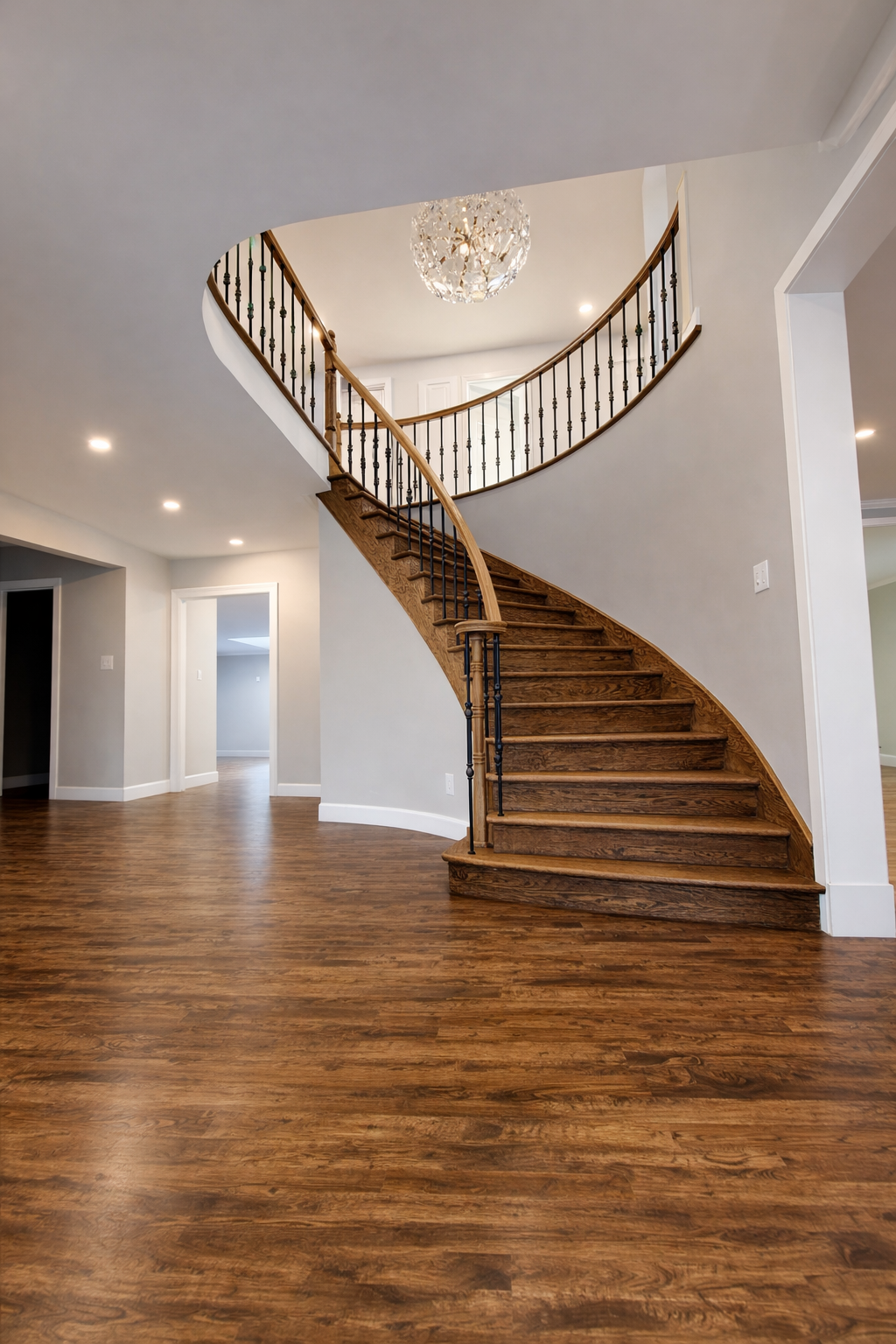 Custom curved staircase renovation in West Island Montreal featuring hardwood flooring, wood treads and iron balusters with modern interior finishes, serving Dorval, Pointe-Claire, Pierrefonds, Kirkland, Beaconsfield, Dollard-Des-Ormeaux and Vaudreuil-Dorion