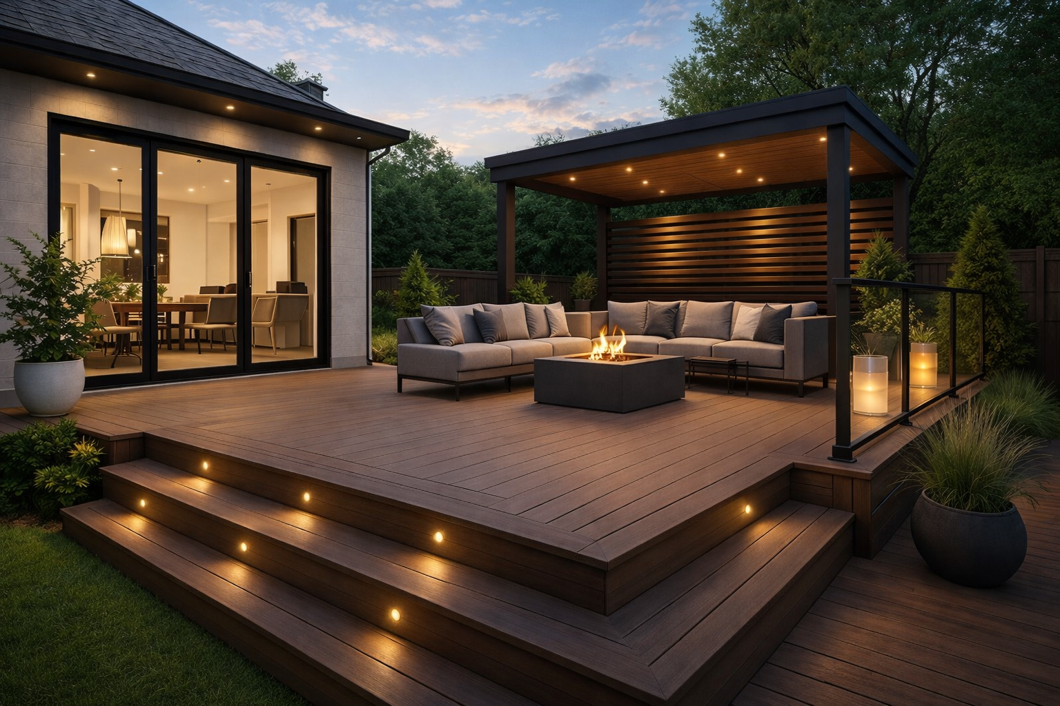 Custom deck construction in West Island Montreal with pergola, outdoor seating and integrated lighting