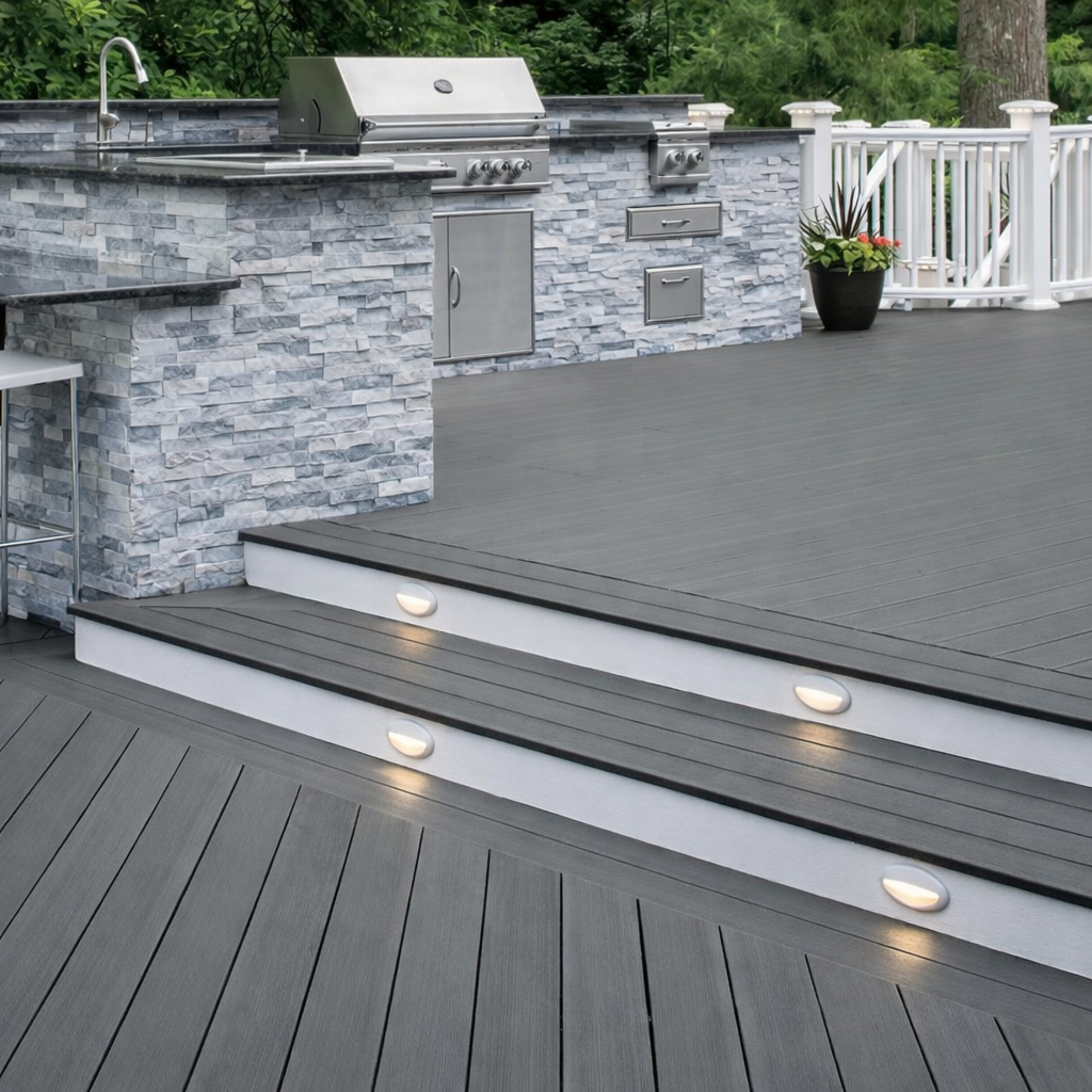 Grey composite deck with outdoor kitchen and built-in BBQ in West Island Montreal backyard