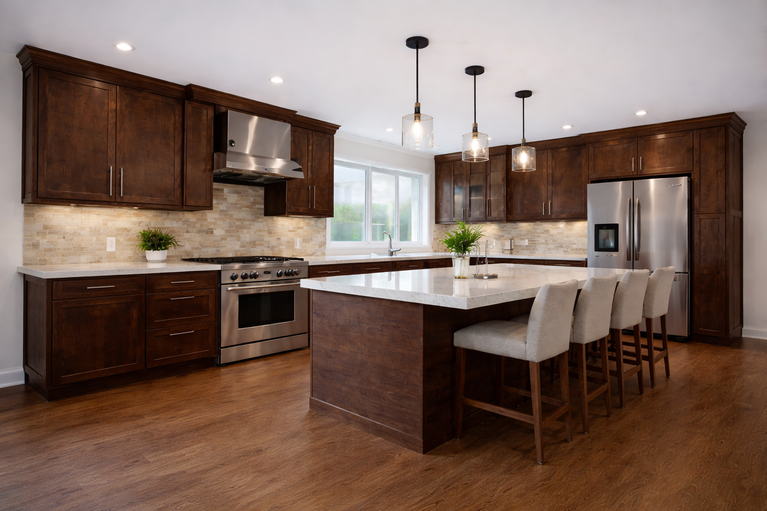 Kitchen renovation in West Island Montreal with large island, custom cabinets and quartz countertops