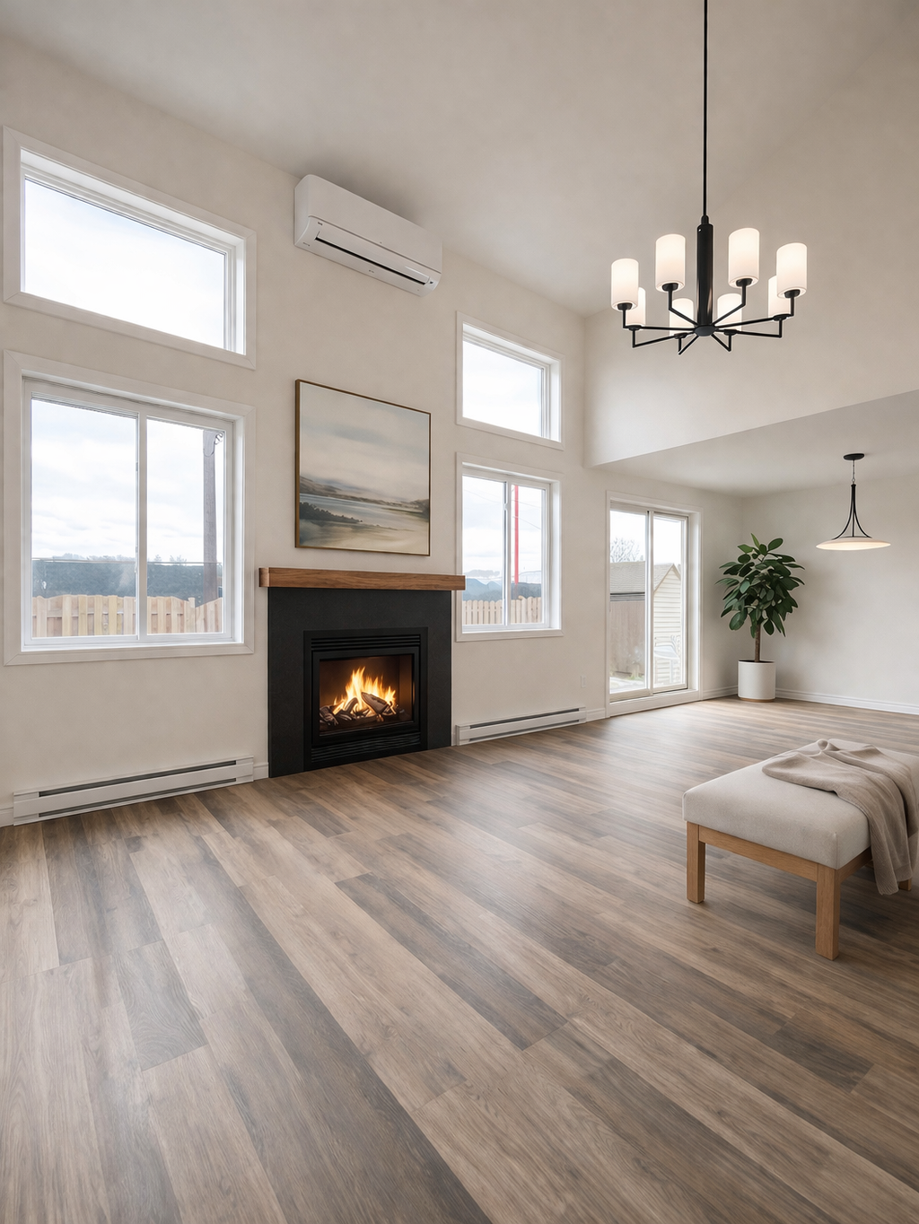 Living room renovation in West Island Montreal featuring high ceilings, large windows, fireplace and wood flooring with bright open interior finishes, serving Dorval, Pointe-Claire, Pierrefonds, Kirkland, Beaconsfield, Dollard-Des-Ormeaux and Vaudreuil-Dorion