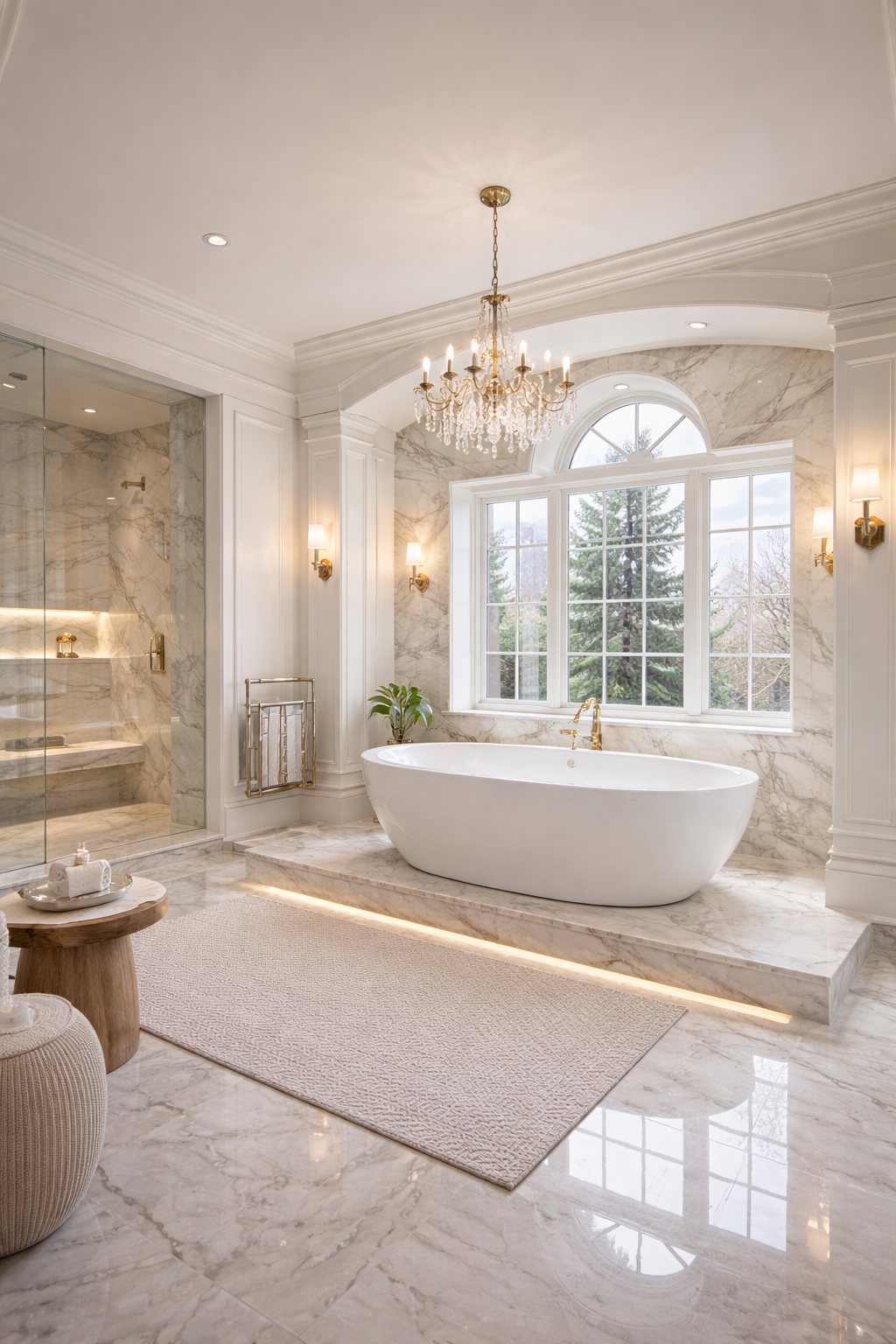 Luxury bathroom with freestanding tub and marble finishes in West Island Montreal