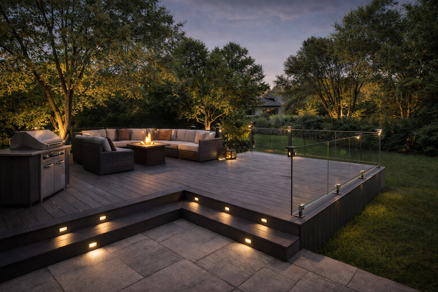 Luxury composite deck construction in West Island Montreal with glass railings, integrated lighting and outdoor seating