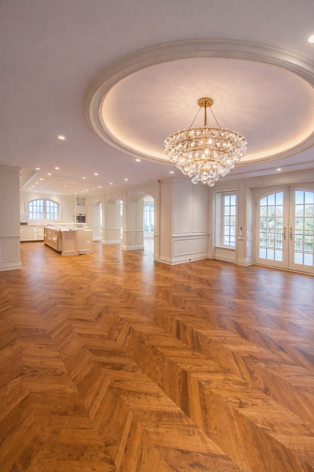 Luxury home renovation in West Island Montreal featuring custom ceiling detail with chandelier, herringbone wood flooring, wainscoting and open-concept interior finishes, serving Dorval, Pointe-Claire, Pierrefonds, Kirkland, Beaconsfield, Dollard-Des-Ormeaux, Vaudreuil-Dorion and Westmount