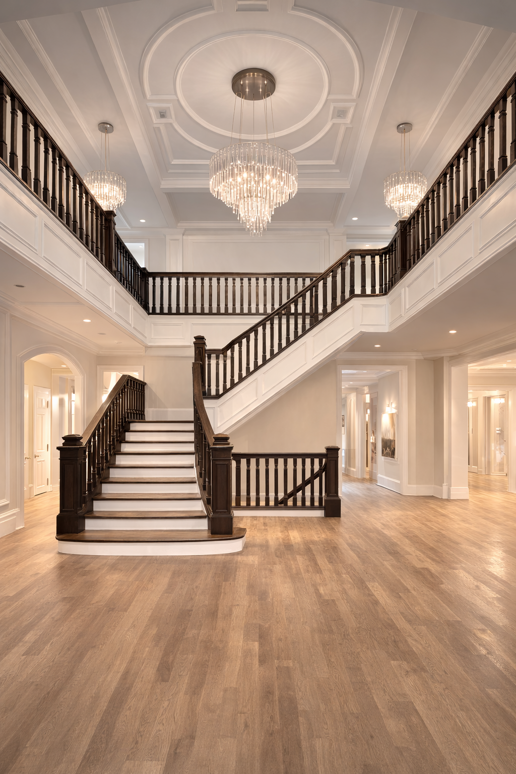Luxury home renovation in West Island Montreal featuring custom staircase, coffered ceiling, chandelier and detailed interior millwork, serving Dorval, Pointe-Claire, Pierrefonds, Kirkland, Beaconsfield, Dollard-Des-Ormeaux, Vaudreuil-Dorion and Westmount