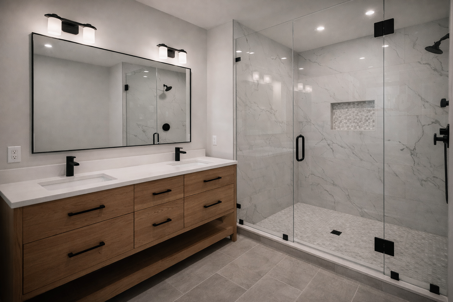 Modern bathroom with wood double vanity, black fixtures, glass walk-in shower and marble tile walls in West Island Montreal