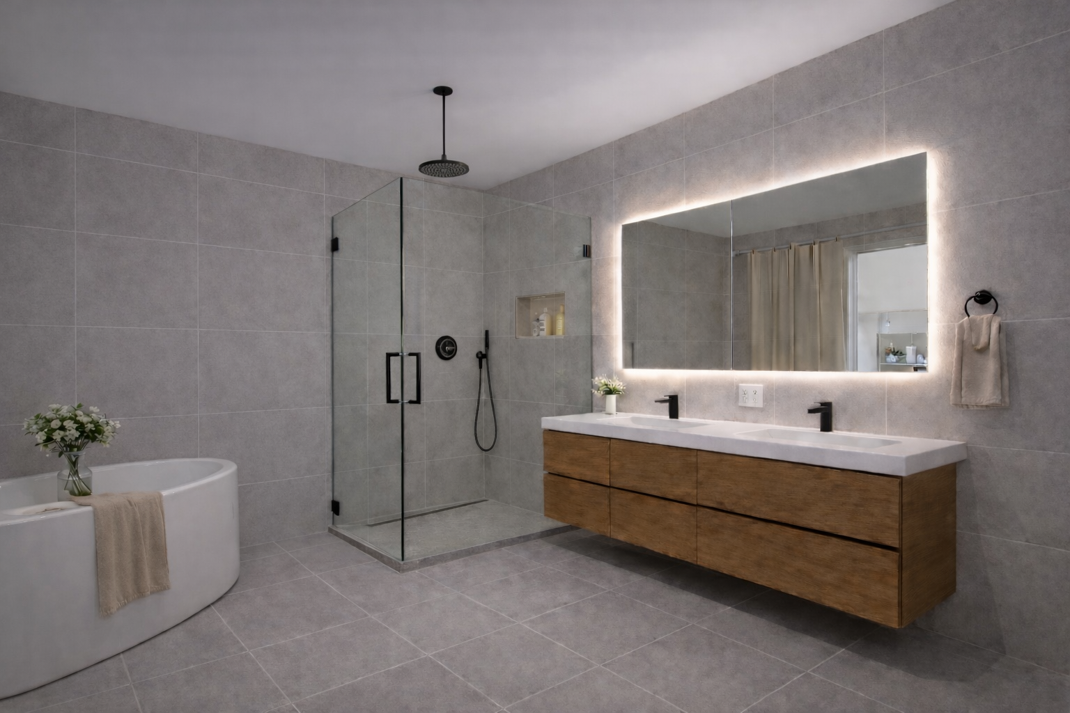 Modern bathroom with freestanding bathtub, black fixtures, glass walk-in shower and double vanity in West Island Montreal