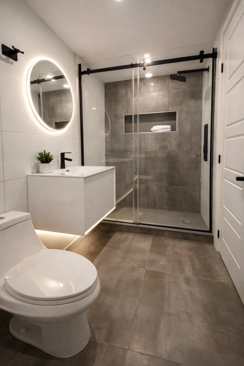 Modern bathroom with glass shower and floating vanity in West Island Montreal