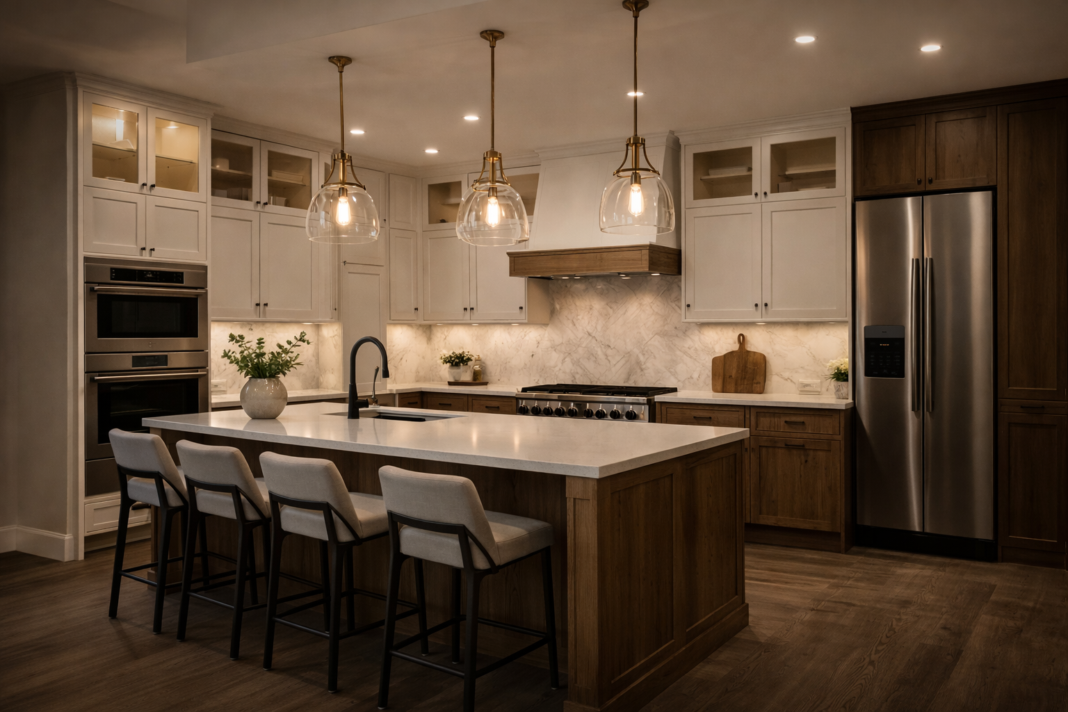 Modern kitchen renovation in West Island Montreal with wood cabinetry, white upper cabinets, large island and quartz countertops