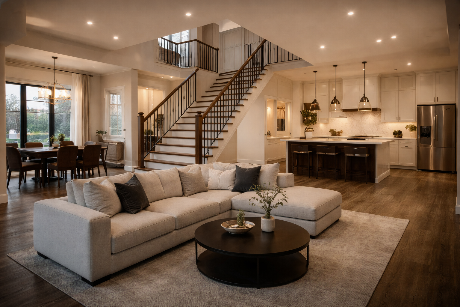 Open-concept home renovation in West Island Montreal featuring modern kitchen with island, living room, hardwood flooring and custom staircase, serving Dorval, Pointe-Claire, Pierrefonds, Kirkland, Beaconsfield, Dollard-Des-Ormeaux and Vaudreuil-Dorion