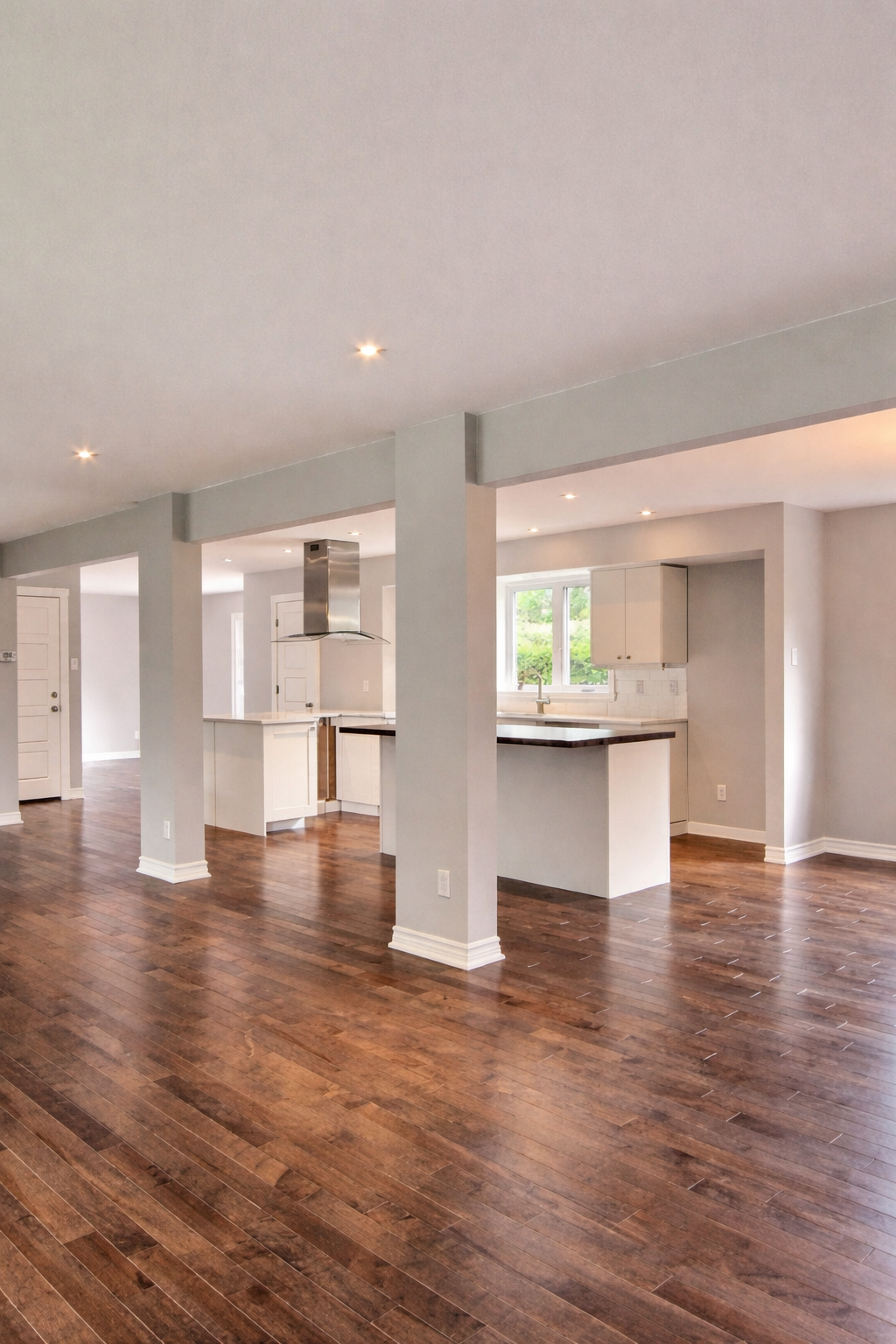 Open-concept home renovation in West Island Montreal featuring structural beam integration, modern kitchen with island and hardwood flooring, serving Dorval, Pointe-Claire, Pierrefonds, Kirkland, Beaconsfield, Dollard-Des-Ormeaux and Vaudreuil-Dorion