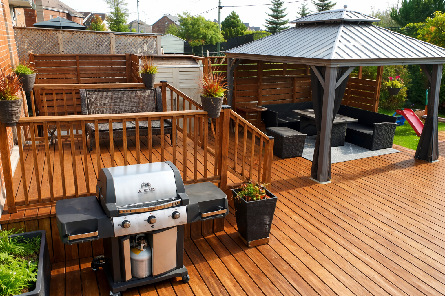 Treated wood deck construction in West Island Montreal with stained decking, pergola and backyard seating area