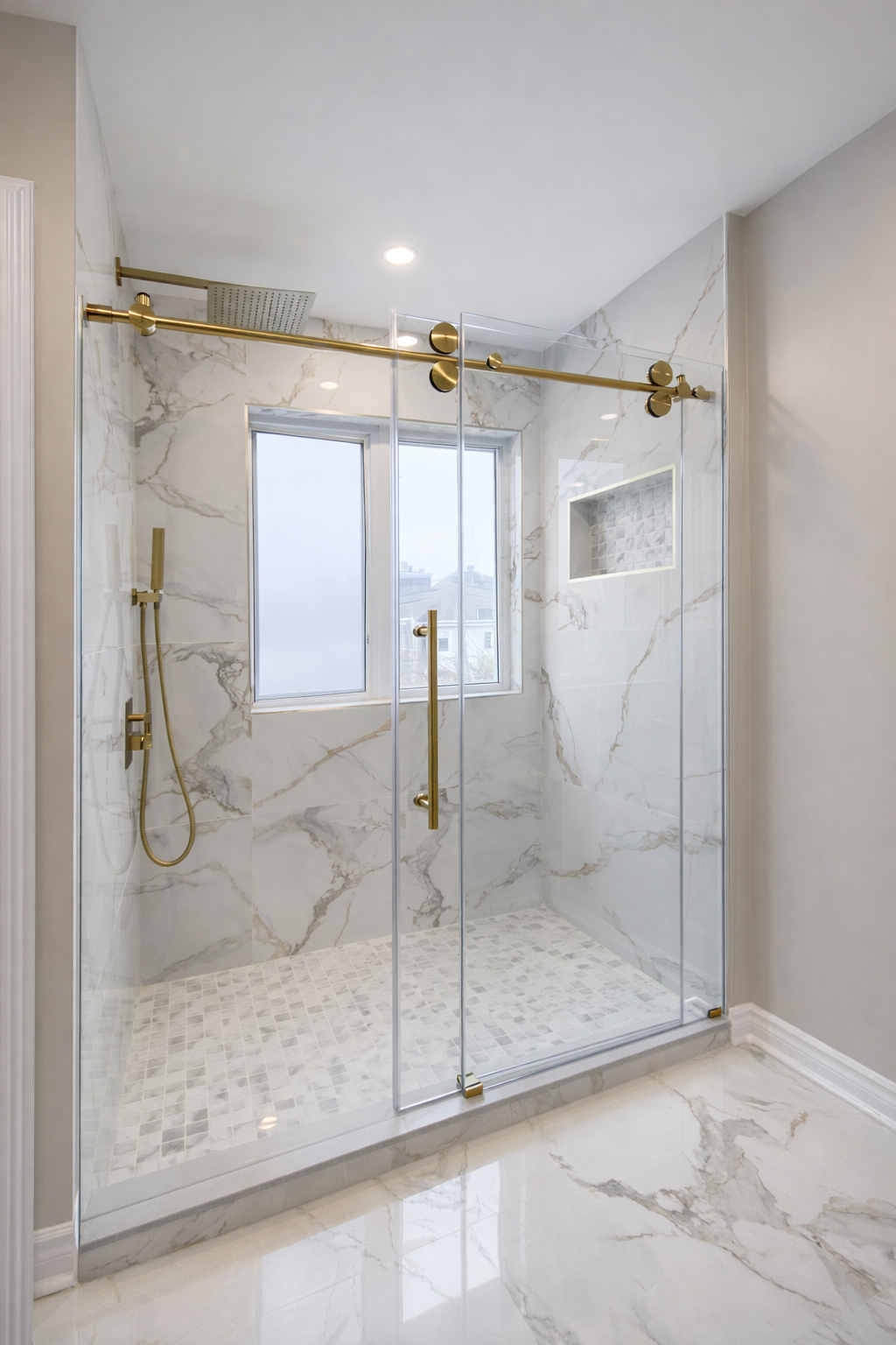 Walk-in shower with marble tile and gold fixtures in West Island Montreal